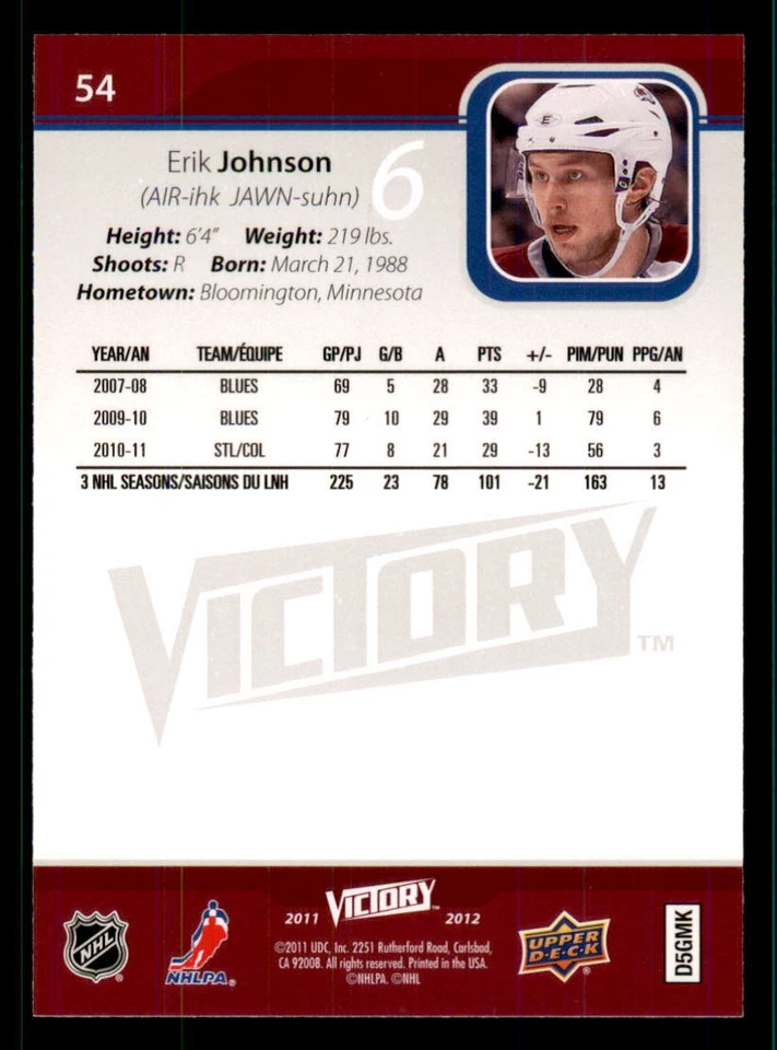 2011-12 Upper Deck Victory #54 Erik Johnson Colorado Avalanche - Image 2 of 2