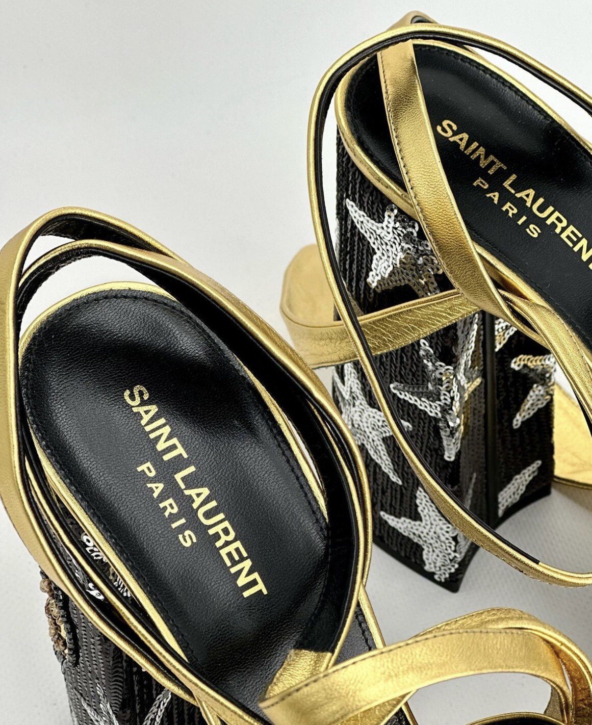 Splendidi sandali autentici Saint Laurent in pelle oro paillettes taglia EU 39 5 US 9 5