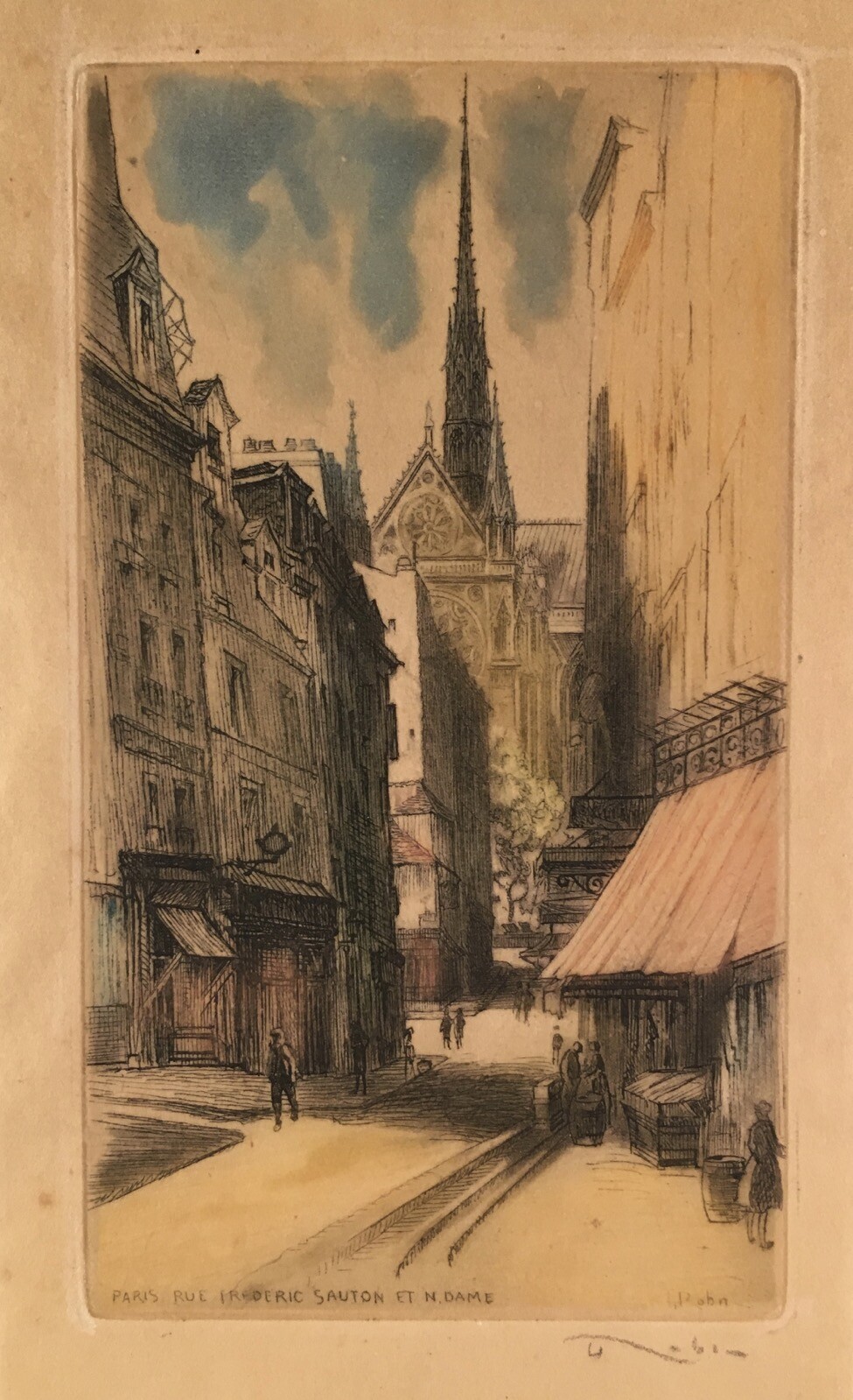 Aguafuerte Paris Rue Frederic Sauton Et Mujer Firmado Vista de la Ciudad