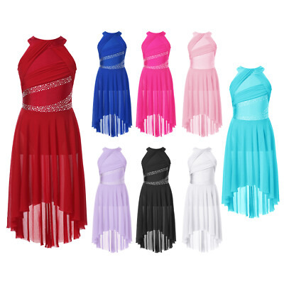 Mädchen Lyrisch Tanzkleid Glitzer Neckholder Eiskunstlauf Kleid Tanzbody Rock