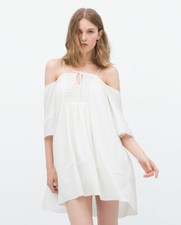 ZARA Off The Shoulder Lace Bib Short Dress Spaghetti Straps Off White 1608/037 S