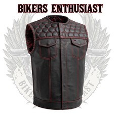 Men's Black Leather Vest Red Paisley Lining Concealed Bike Riding Waistcoat