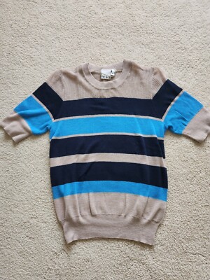 Ichi Short Sleeve Pullover Knit Women's Medium Striped Sheer Knit Detail