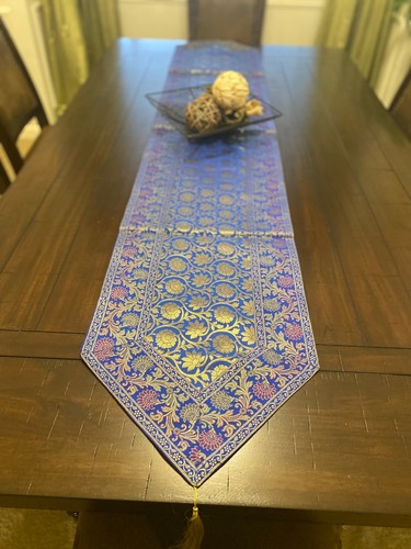 Brocado azul corredor de mesa 80 pulgadas seda floral formal boho decoración del hogar regalo - Imagen 2 de 7