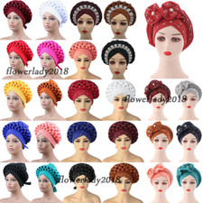 Nigerian Aso Oke Auto Gele Headtie African Turban Cap Head Wrap Bonnet Hat 2PCS