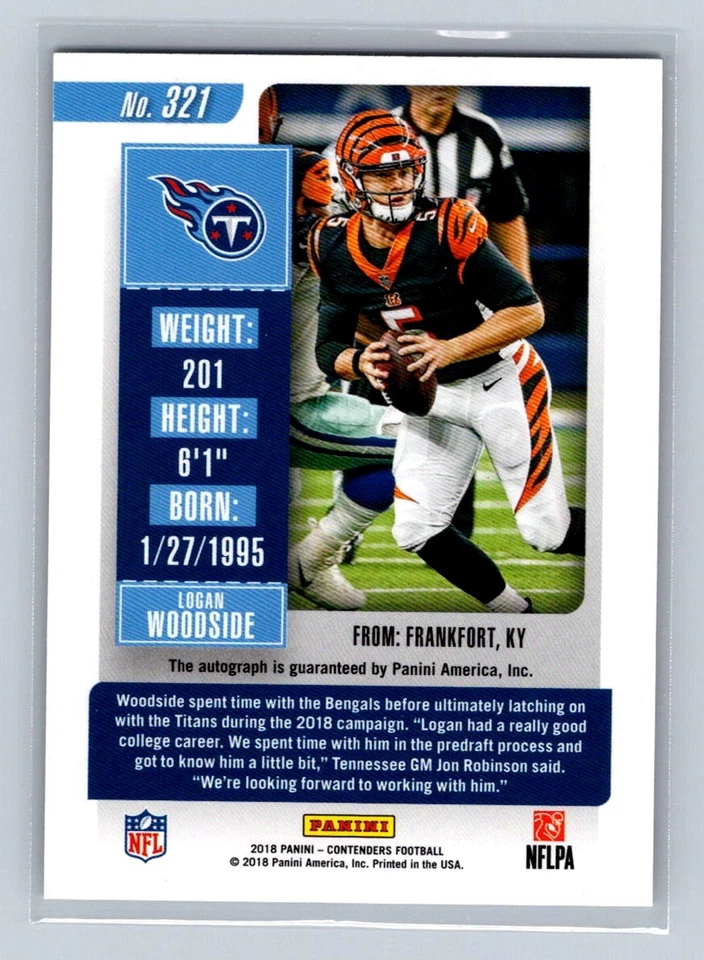 2018 Panini Contenders #321 Logan Woodside /99 AU Tennessee Titans - Image 2 of 2