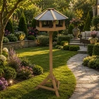 Hexagonal Wood Bird Feeding Station Table Stand Outdoor Garden Feeder With Roof