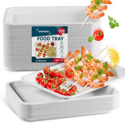 100 Pack 14 Inch Heavy Duty Disposable Food Trays Compostable Large Paper Pla...