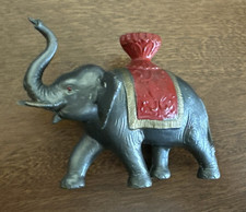 Vintage Cast Metal Circus Elephant Figurine Red & Gold Saddle Made in USA