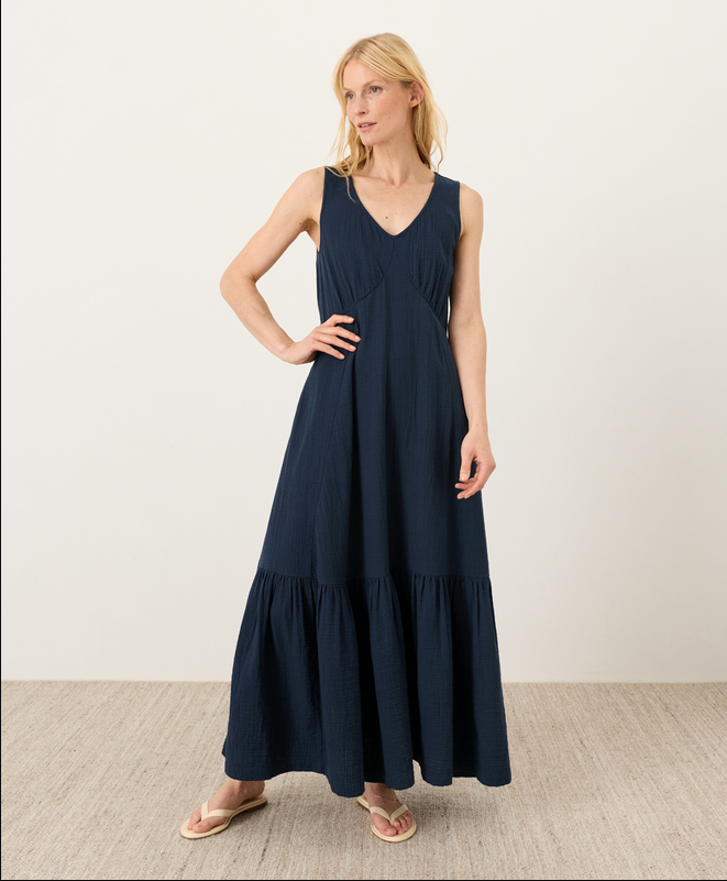 PACT Organic Coastal Double Gauze Beach To Brunch Maxi Dress - Navy NEW