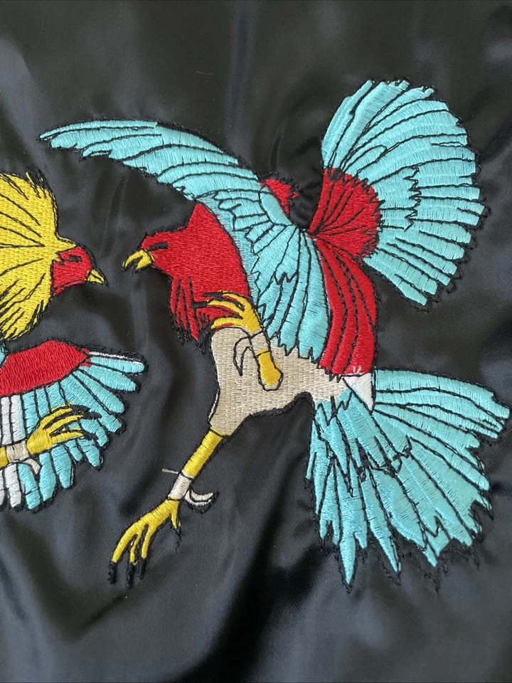 Chaqueta Bomber De Colección Años 70 80 Pelea de Pollos Lucha de Pollos Negra Satén (XL) Foto 4 de 4