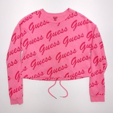 Guess Cropped Sweatshirt Womens L Pink Crewneck Long Sleeve Logo Spellout