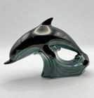 Poole Pottery Dolphin Figure Black Lustre On Wave Base Ornament England