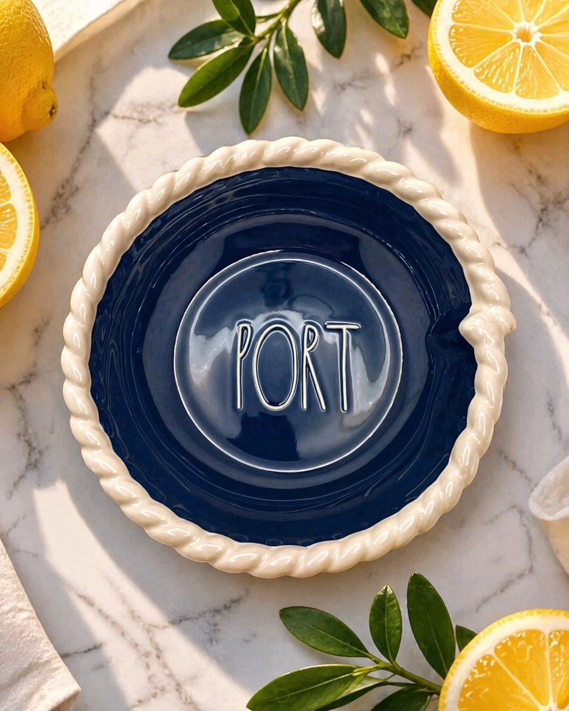 Rae Dunn Ceramic Pie Dish “PORT” Blue & White Rope Edge Baking Dish