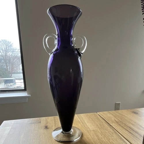 Blenko Purple Clear Glass Vase with Handles Glossy Solid Pattern 2006