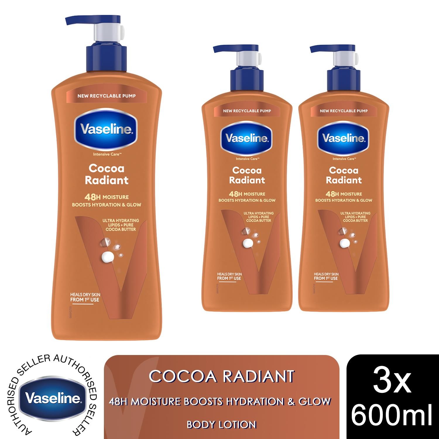 Vaseline Intensive Care Cocoa Radiant Body Lotion, 3 pack, 600ml for Dry Skin