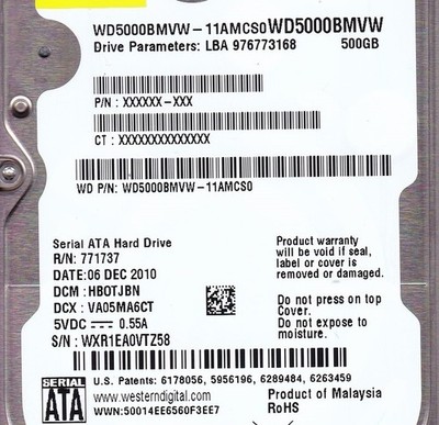 WD5000BMVW-11AMCS0 WXR1EA HB0TJBN DEC 2010 Malaysia 500GB USB 3 Western Digital