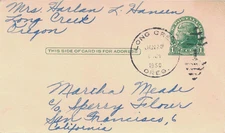 1950 Long Creek, Oregon Duplex Cancel on a 1-cent Postal Card