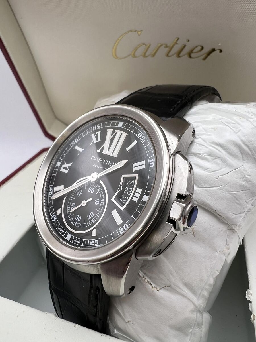 Cartier Calibre Black Dial Leather 42mm Men's Steel Watch Cartier Calibre Black Dial Leather 42mm Men's Steel Watch
