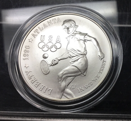 1996-D TENNIS ATLANTA GAMES Commemorative Silver Dollar KEY DATE in CAPSULE - Picture 3 of 5