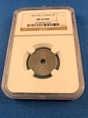 SALE!! 1887 Belgian Congo 2 Cent KM# 2, NGC MS 65 BN, Rose , blue toning PRETTY!