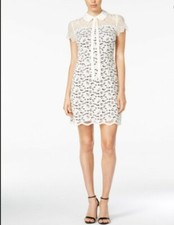 Kensie White Lace Mini Dress, size XS, collar bow scalloped hem, EUC