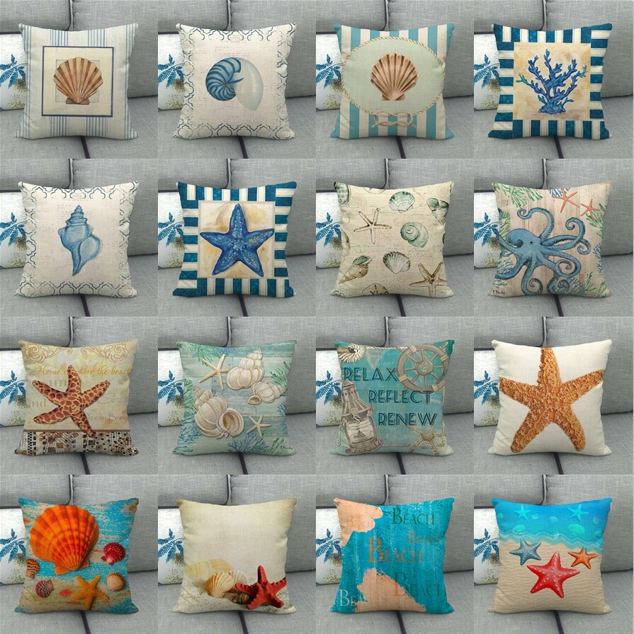 Funda de almohada náutica costera para cojín océano playa caracol mar estrella de mar