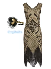 Z-A3-2 Deluxe Ladies Beige1920s Roaring 20s Flapper Gatsby Sequins Costume