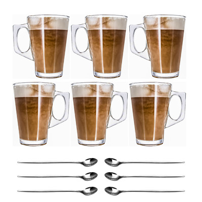 6er PACK 240ML HEISSE KALTE GETRÄNKE LATTE CAPPUCCINO GLAS TASSEN KAFFEETASSE GRATIS LÖFFEL