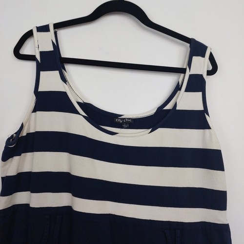 City Chic Plus Size L/20 Navy & White Wide Stripe Pockets Stretch Bust A Line - Picture 4 of 12
