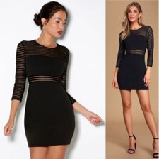 Lulus Dress Womens Medium Black Bodycon Mini Perfect Mesh 3/4 Sleeve Crew Neck