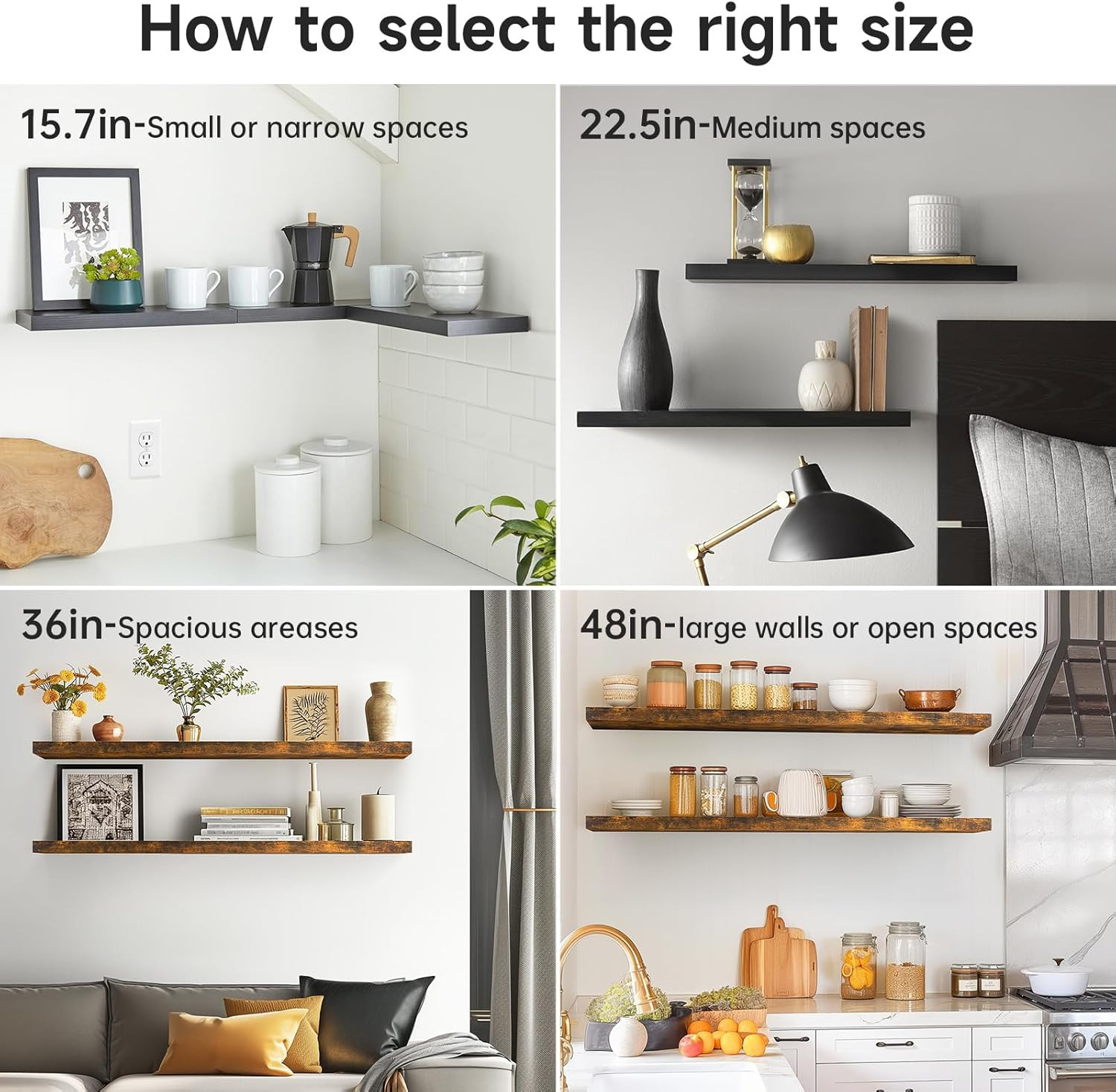 3-Pack Black Floating Wall Shelves Rustic Wood 15.7" Heavy Duty Storage Decor