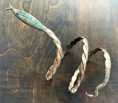 Victorian Egyptian Revival Silver Snake Arm Cuff Turquoise Rubin 100 Gramm