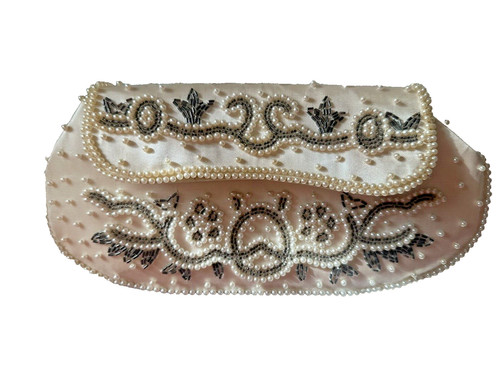 retro vintage evening handbag made of satin silk and sewed fine beads