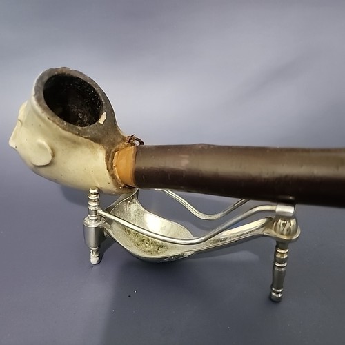 Antique Clay Tobacco Smoking Pipe W/ Long Cherry Wood Stem, 20" Long - Picture 7 of 7