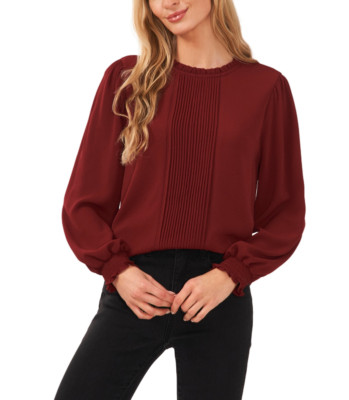 CeCe Pintucked Long-Sleeve Blouse Claret Red Size S 3818