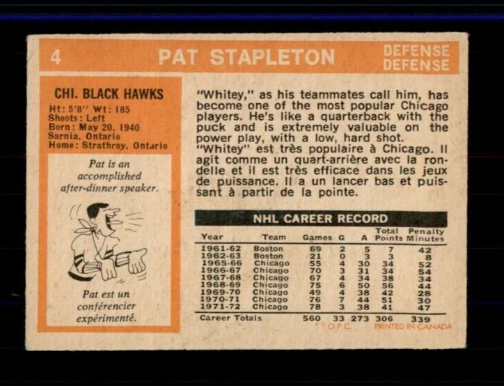 1972-73 O-Pee-Chee #4 Pat Stapleton VG - Image 2 of 2