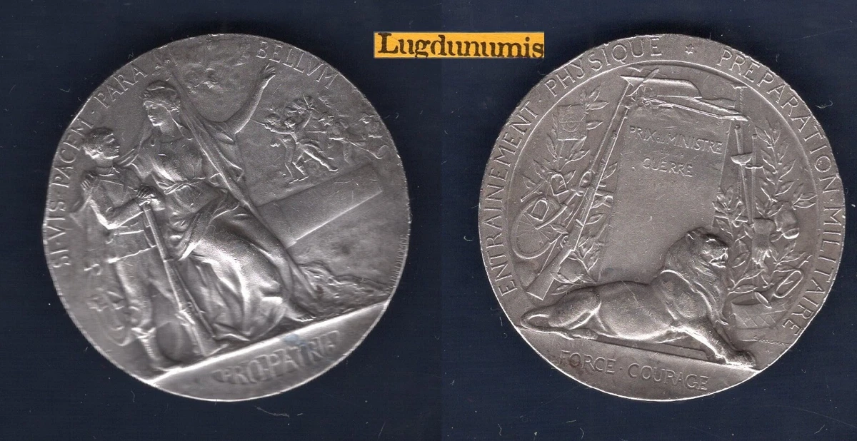 GRANDHOMME,très belle médaille argent, préparation militaire, force courage,1911