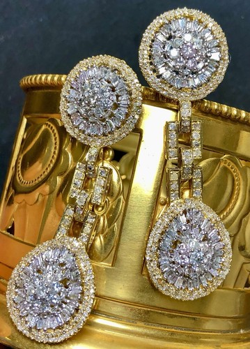 Estate 18K Baguette Round Diamond Articulating Drop Omega Back Earrings 9.30cttw