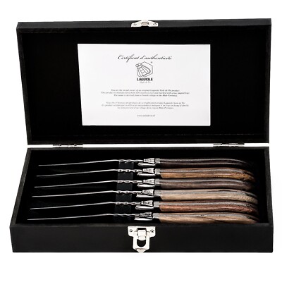 LAGUIOLE STEAKMESSER SET ''MISCHHOLZ'' | 6 Holzarten, Edelstahl | 6 Messer im Etui