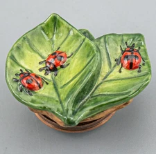 Halcyon Days Enamel Trinket Box Bonbonniere Lady Bugs on Leaf Figural