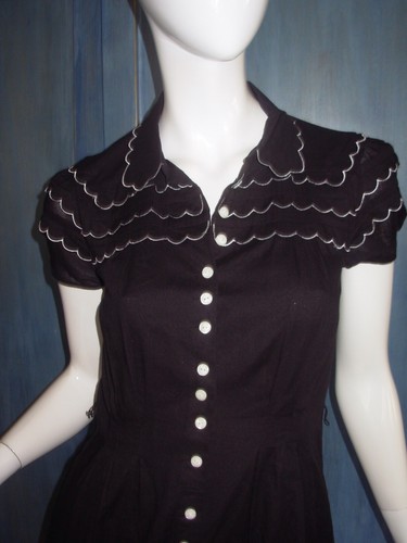 BETSEY JOHNSON Black Cotton SCALLOP Wednesday Adams PUFF Sleeve SHIRT Dress 2 S - Picture 11 of 17