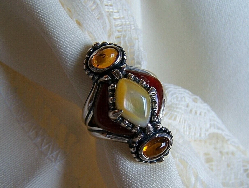 Carolyn Pollack Cornalina Roja, Fregona Amarilla, Ámbar 925 SS Talla 6 ¡Encantadora y NUEVA CON ETIQUETAS!! Foto 2 de 4