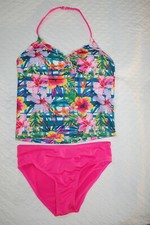Girls Swimsuit 2 PC TANKINI SET Halter TROPICAL FLOWERS PLANTS Pink Multi M 7-8