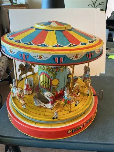 VTG J Chein Tin Litho Playland-Merry-Go-Round Wind Up Works