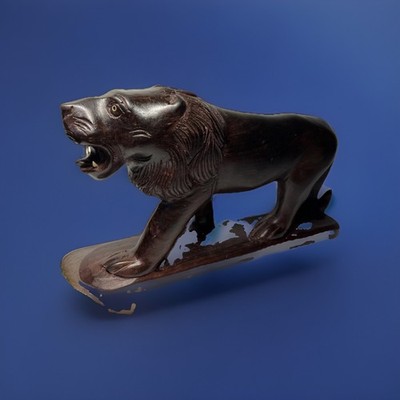 Vintage Hand Carved Ebony Wood Lion Statue 11.5'' Roaring Sculpture Mid Century