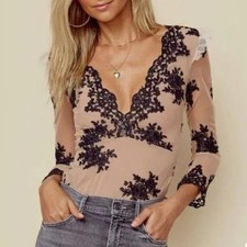 NEW FOR LOVE LEMONS SKIVVIES Amber Scallop Edge Thong Bodysuit Black Lace MED