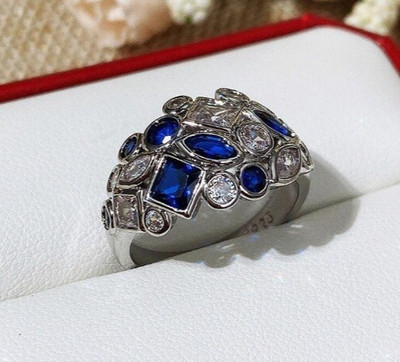 NEU SILBER STAPELRING MARINEBLAU KLARE STEINE MIT BEULENFORM GRÖSSE 52 SALE
