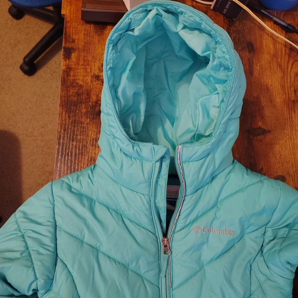 Columbia Jacket Girls Small 7/8 Teal Hooded Puffer Quilted Zipper Pockets Winter - Image 4 of 4