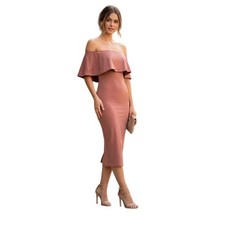 Lulu's Olia Off The Shoulder Ruffle Midi Dress Mauve Satin Knit S